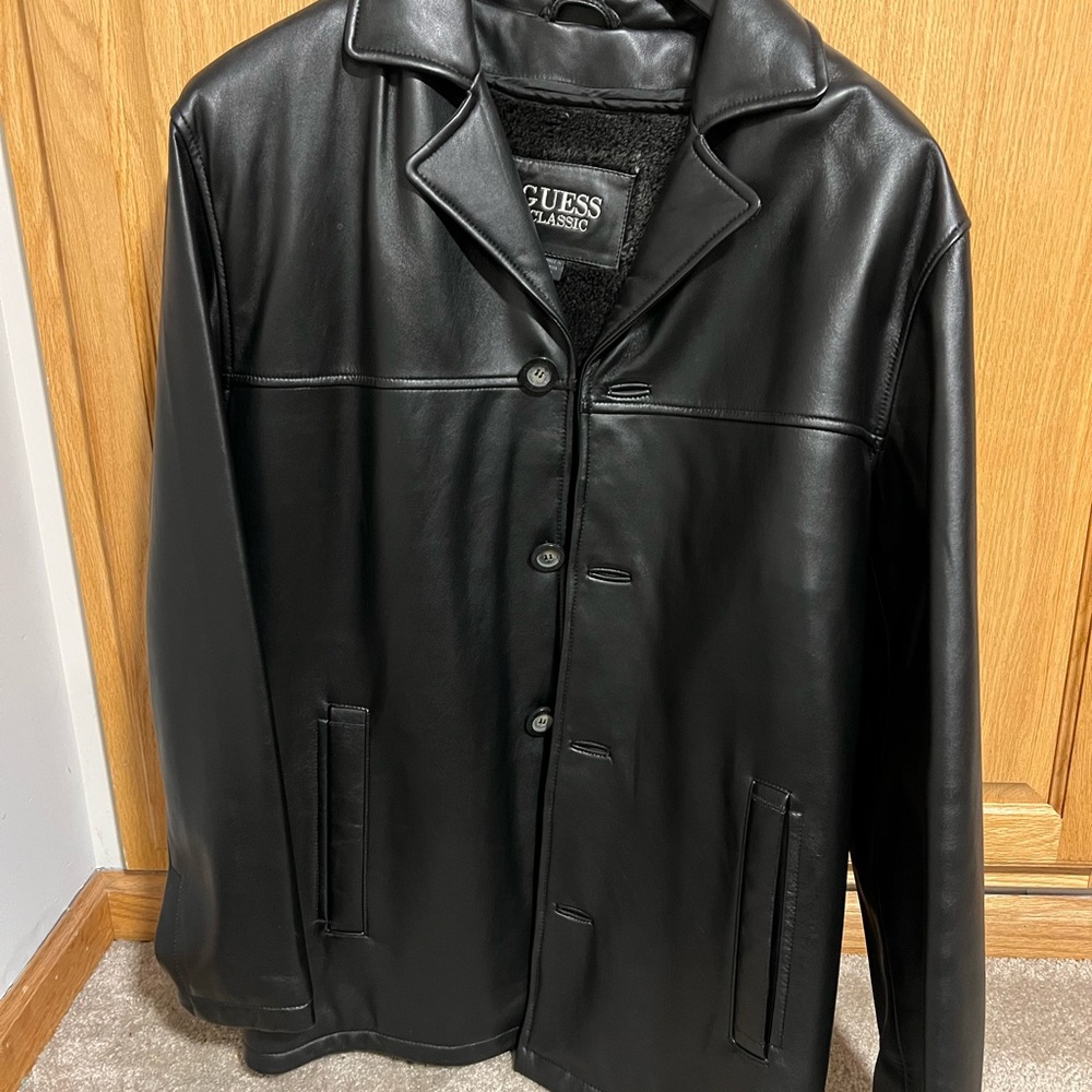 GUESS Black Leather Trench Coat for Men